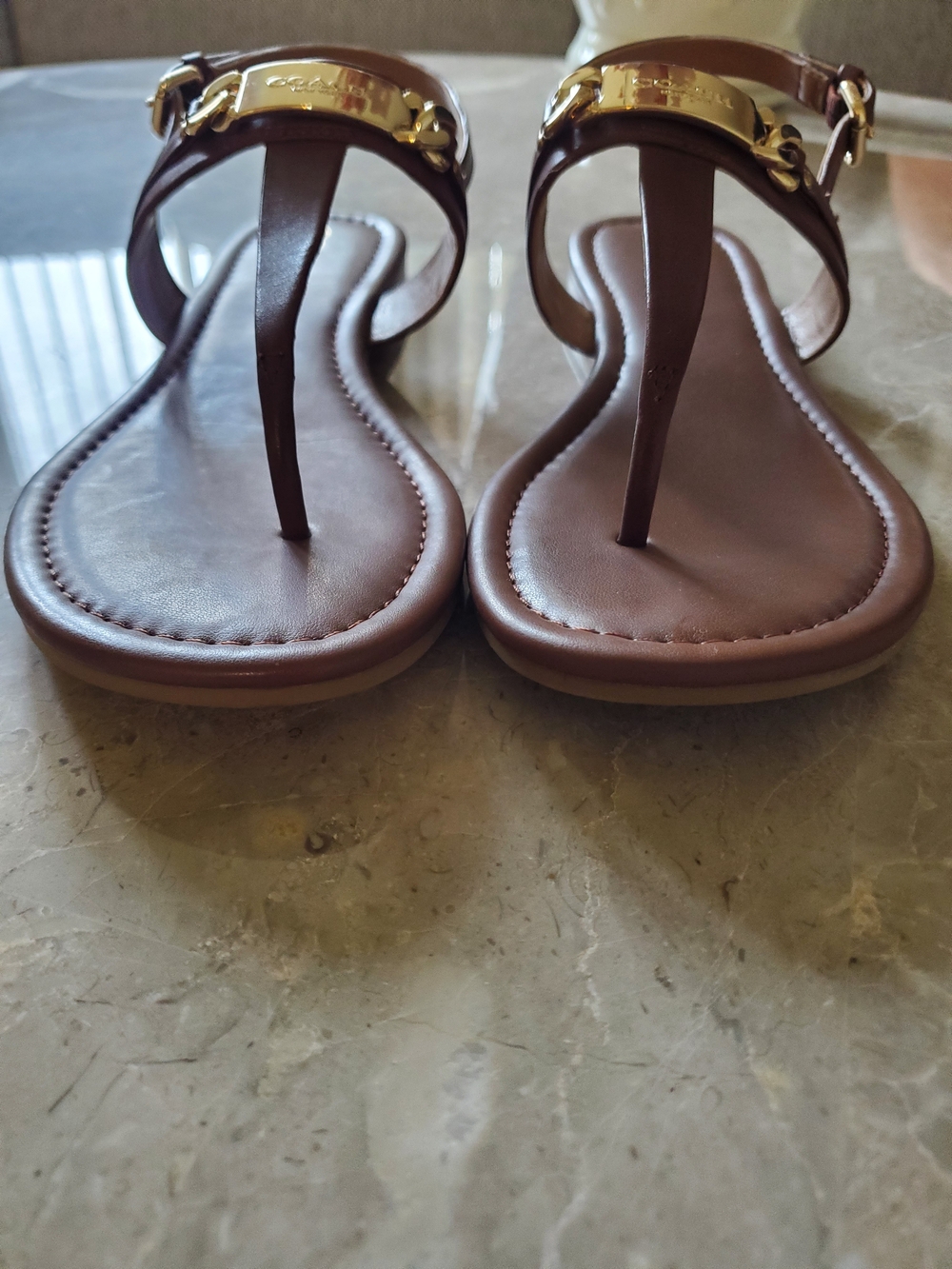 COACH Brown Leather T-Strap Sandals with Gold Accent - Picture 4 of 7